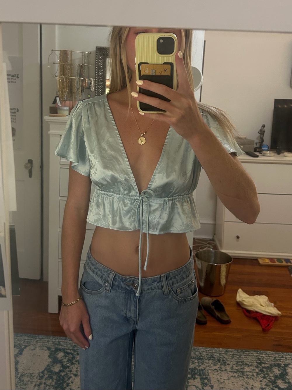 Light Blue Satin Tie-Front Crop Top